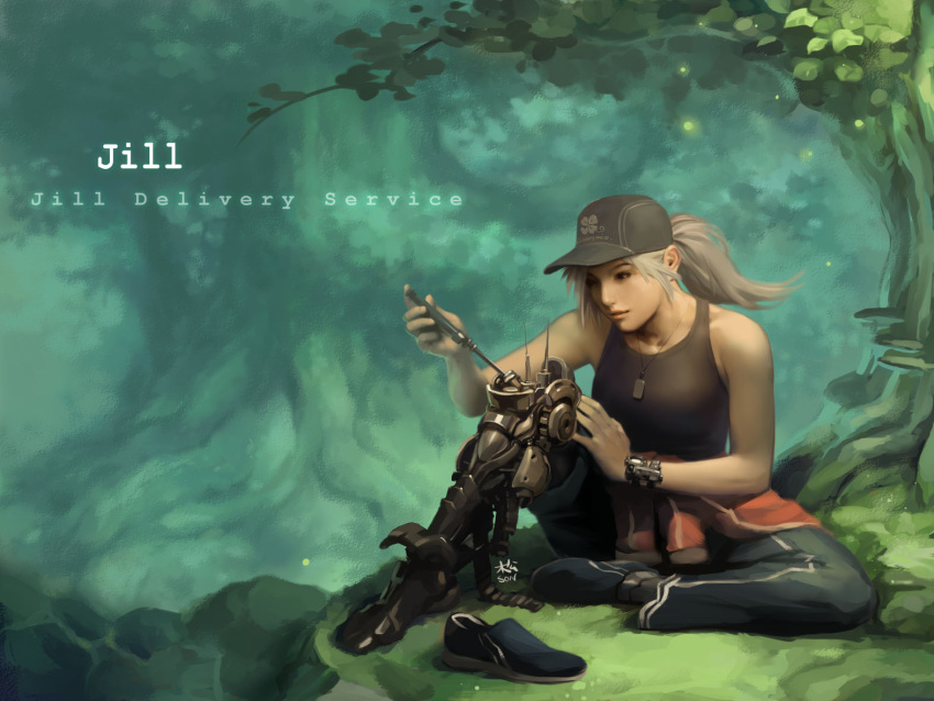 1girl bare_shoulders baseball_cap breasts clothes_around_waist cyborg dog_tags forest grey_hair hat kokecit lips long_hair mechanical_leg nature nose original ponytail prosthesis prosthetic_leg screwdriver shoes single_shoe sitting sneakers solo sweater_around_waist tank_top watch watch