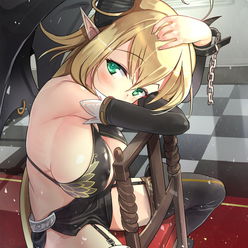 1girl ahoge bikini_top black_boots black_legwear blonde_hair blush boots breasts checkered checkered_floor cleavage demon_wings detached_sleeves garter_straps green_eyes hair_ornament hand_on_own_head highres horns huge_breasts large_breasts open_mouth pointy_ears sideboob sitting skirt solo spread_legs thigh-highs thigh_boots wings yam2344