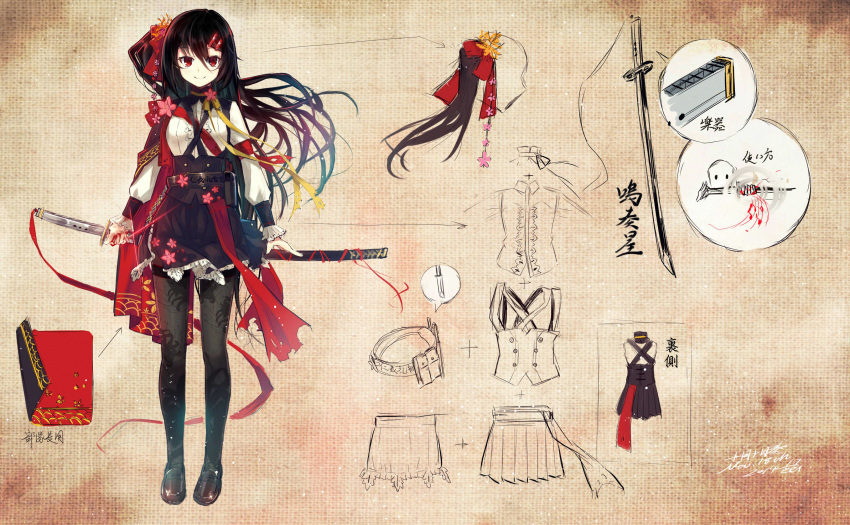 1girl absurdres belt black_hair black_legwear black_shoes blood cape character_sheet cherry_blossoms dress floral_print hair_ornament hairclip highres holster jugatsu_junichi katana loafers long_hair long_sleeves looking_at_viewer original pantyhose red_eyes sheath sheathed shoes side_ponytail sketch skirt smile solo sword very_long_hair weapon