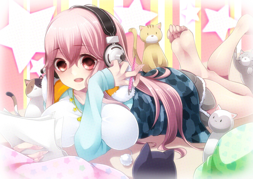 1girl absurdres barefoot blush breasts cat headphones highres large_breasts long_hair nitroplus open_mouth pink_hair red_eyes smile solo super_sonico takamiya_ren