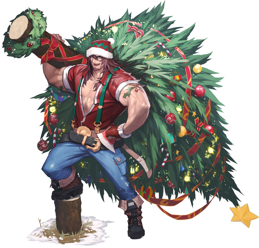 1boy absurdres alternate_costume artist_request axe bauble beanie beard belt boots brown_eyes brown_hair candy candy_cane chaos_heroes_online christmas christmas_ornaments christmas_tree christmas_wreath facial_hair fingerless_gloves gloves hat highres holly kunkka_(chaos_online) long_hair looking_at_viewer lumberjack male_focus muscle official_art open_mouth red_gloves red_nose reindeer simple_background single_glove solo star suspenders tattoo transparent_background tree_stump weapon