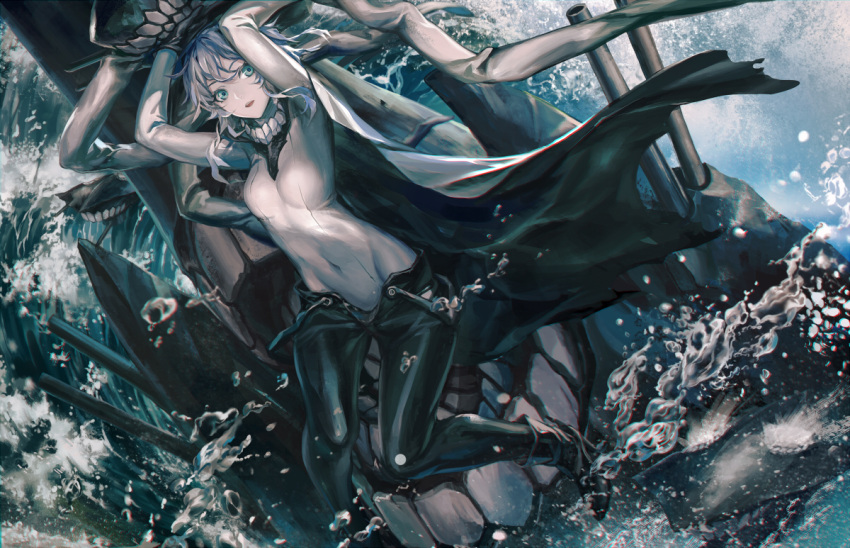 1girl aqua_eyes bodysuit breasts cape enemy_aircraft_(kantai_collection) gloves infukun kantai_collection machinery navel ocean pale_skin shinkaisei-kan silver_hair tentacles turret water wo-class_aircraft_carrier