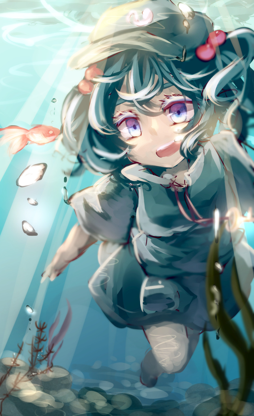 1girl :d animal blue_eyes blue_hair boots bubble colored_eyelashes dress fish hair_bobbles hair_ornament highres jewelry kawashiro_nitori key key_necklace legs light_rays open_mouth pebble plant pocket rock shirt short_hair short_sleeves skirt skirt_set smile solo stone sunbeam sunlight touhou twintails underwater wet wet_clothes