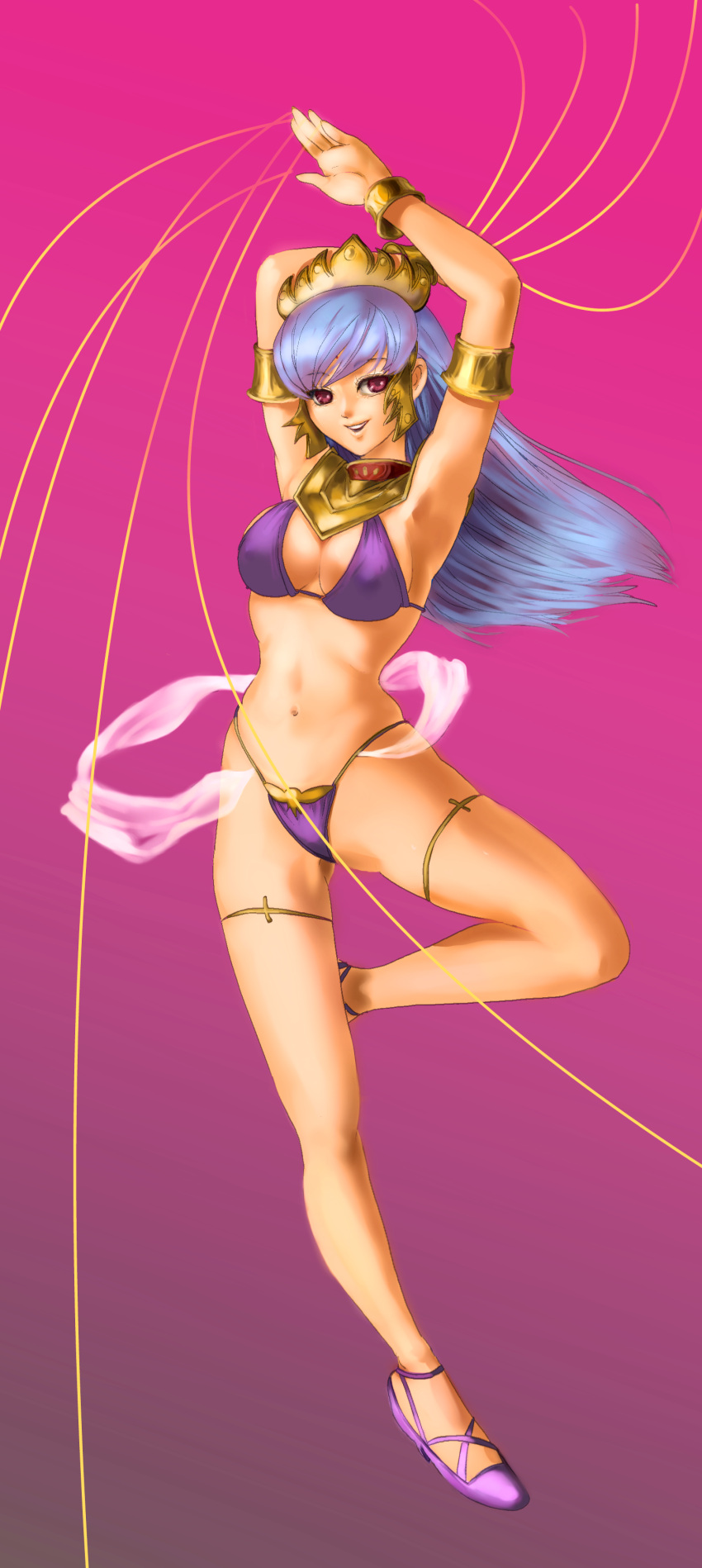 1girl absurdres armlet armpits arms_up bikini blue_hair bracelet breasts cleavage dancing erola_suppaatoka flats full_body headdress highres jewelry labyrinth_of_flames long_hair necklace purple_bikini smile solo string swimsuit ultra-taf violet_eyes