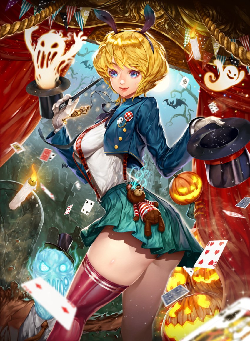 1girl ace_of_spades animal_ears ass bat blonde_hair blue_eyes candle card coffee_dog cropped_jacket curtains fake_animal_ears ghost gloves glowing graveyard hat highres jack-o'-lantern key lips magician original pleated_skirt rabbit_ears short_hair single_thighhigh skirt smile stuffed_animal stuffed_toy suspenders teddy_bear thigh-highs thighs top_hat wand white_gloves