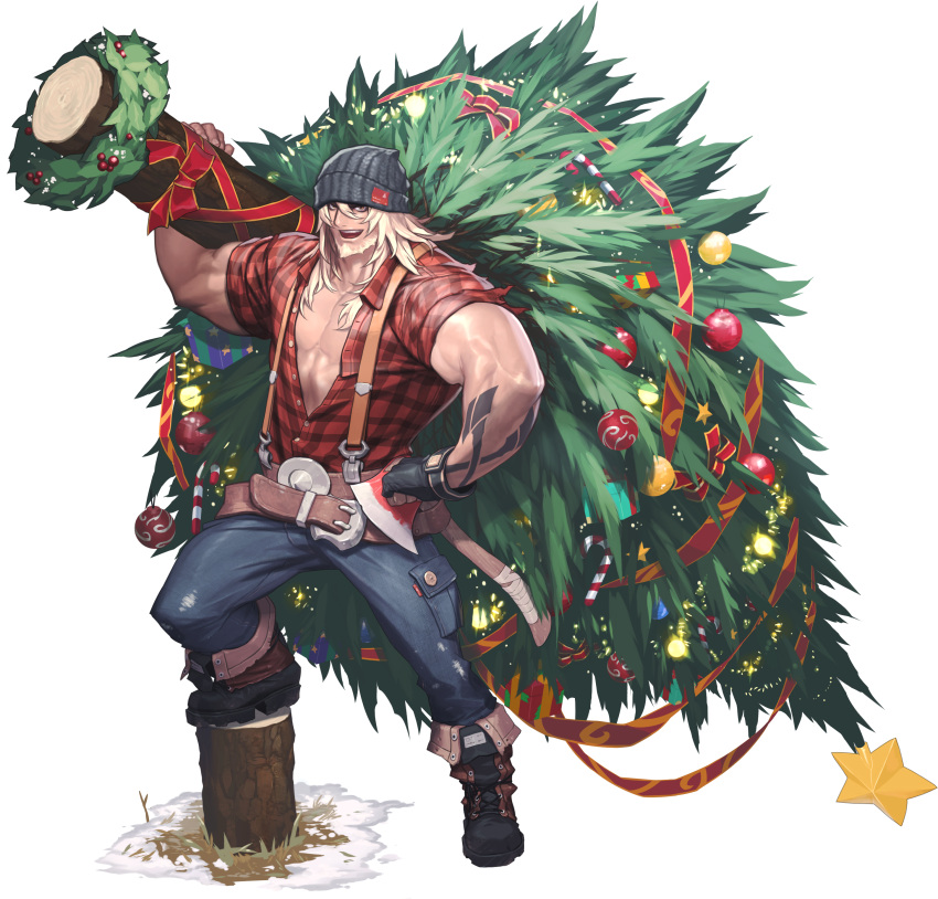 1boy absurdres alternate_costume artist_request axe bauble beanie beard belt black_gloves blonde_hair boots brown_eyes candy candy_cane chaos_heroes_online christmas christmas_ornaments christmas_tree christmas_wreath facial_hair fingerless_gloves gloves hat highres holly kunkka_(chaos_online) long_hair looking_at_viewer lumberjack male_focus muscle official_art open_mouth simple_background single_glove solo star suspenders tattoo transparent_background tree_stump weapon