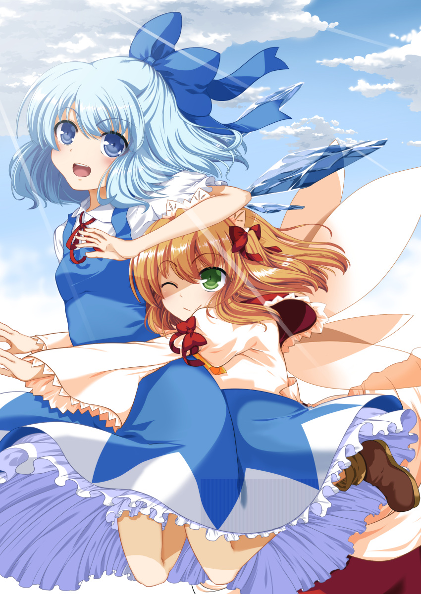 2girls :&gt; absurdres ankle_boots arm_on_head blue_dress blue_eyes blue_hair blue_sky boots cirno clouds dress eiyuu_(eiyuu04) fairy_wings folded_leg green_eyes hair_ribbon headdress highres hug hug_from_behind juliet_sleeves lens_flare long_sleeves looking_at_viewer looking_up multiple_girls one_eye_closed open_mouth outstretched_arms puffy_sleeves redhead ribbon short_sleeves sky sunny_milk touhou wide_sleeves wings