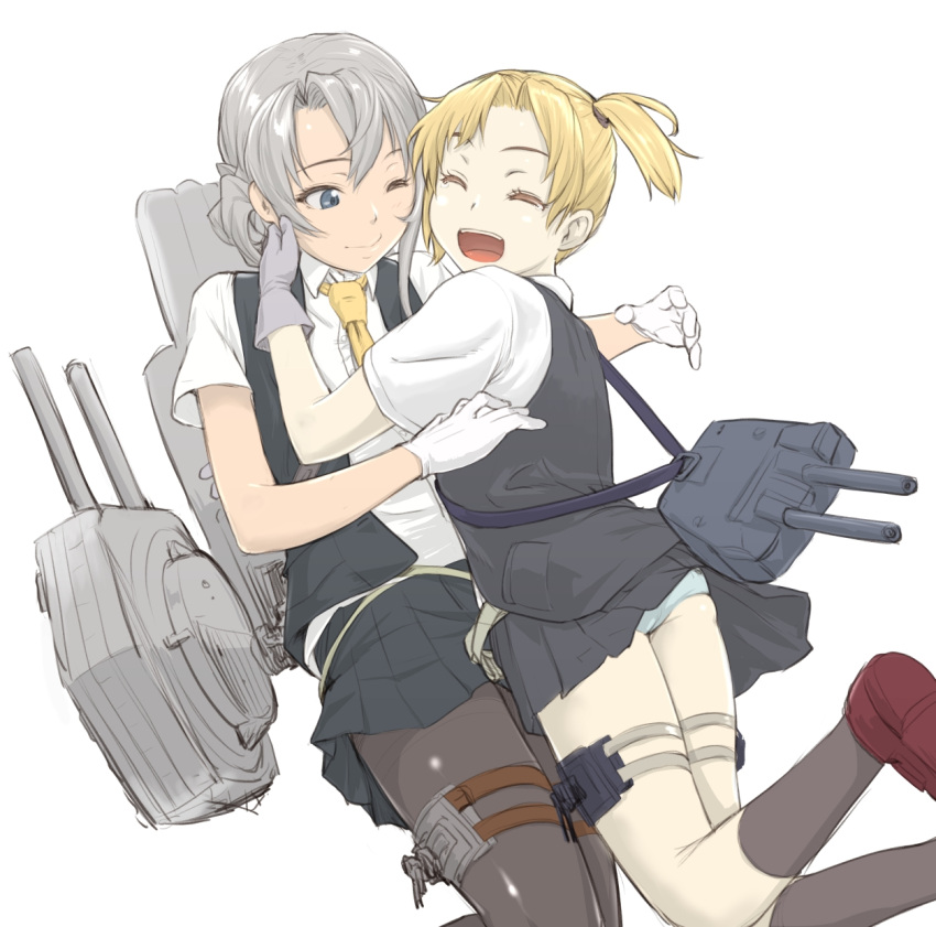 2girls :d ^_^ ass blonde_hair blue_eyes closed_eyes gloves gun hair_bun highres hug kantai_collection machinery maikaze_(kantai_collection) multiple_girls necktie nowaki_(kantai_collection) nujima one_eye_closed open_mouth panties pantyhose pleated_skirt school_uniform shoes short_sleeves side_ponytail silver_hair skirt smile socks underwear vest weapon white_gloves white_panties
