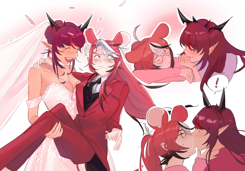 2girls absurdres animal_ears black_hair blue_eyes bride carrying dress elisbian formal glasses groom hakos_baelz highres hololive hololive_english horns irys_(hololive) kiss long_hair mouse_ears mouse_girl mouse_tail multicolored_hair multiple_girls pointy_ears princess_carry redhead sleeping streaked_hair tail virtual_youtuber wedding_dress white_hair yuri