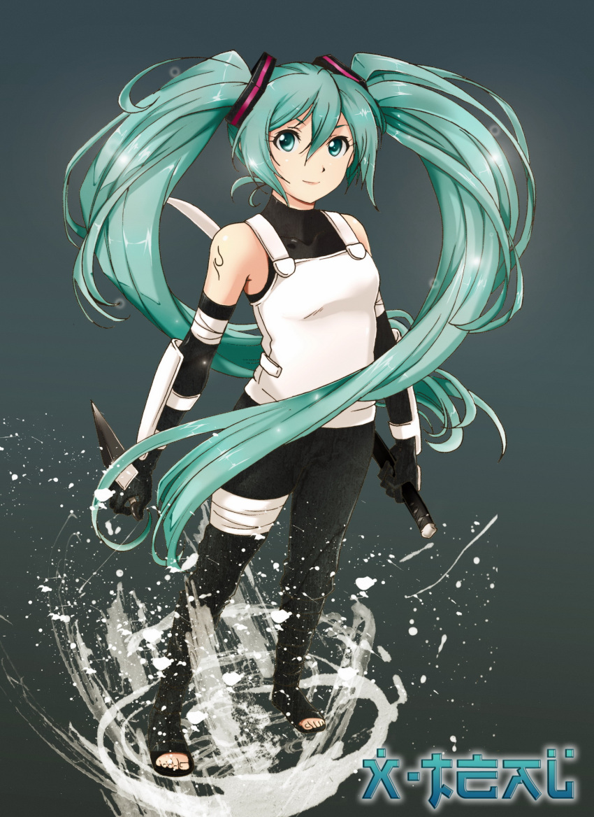 1girl anbu bare_shoulders black_gloves bodystocking boots crimeglass dual_wielding elbow_gloves full_body gloves green_eyes green_hair hatsune_miku highres kunai long_hair naruto ninja reverse_grip solo sword tattoo toeless_boots twintails vocaloid weapon