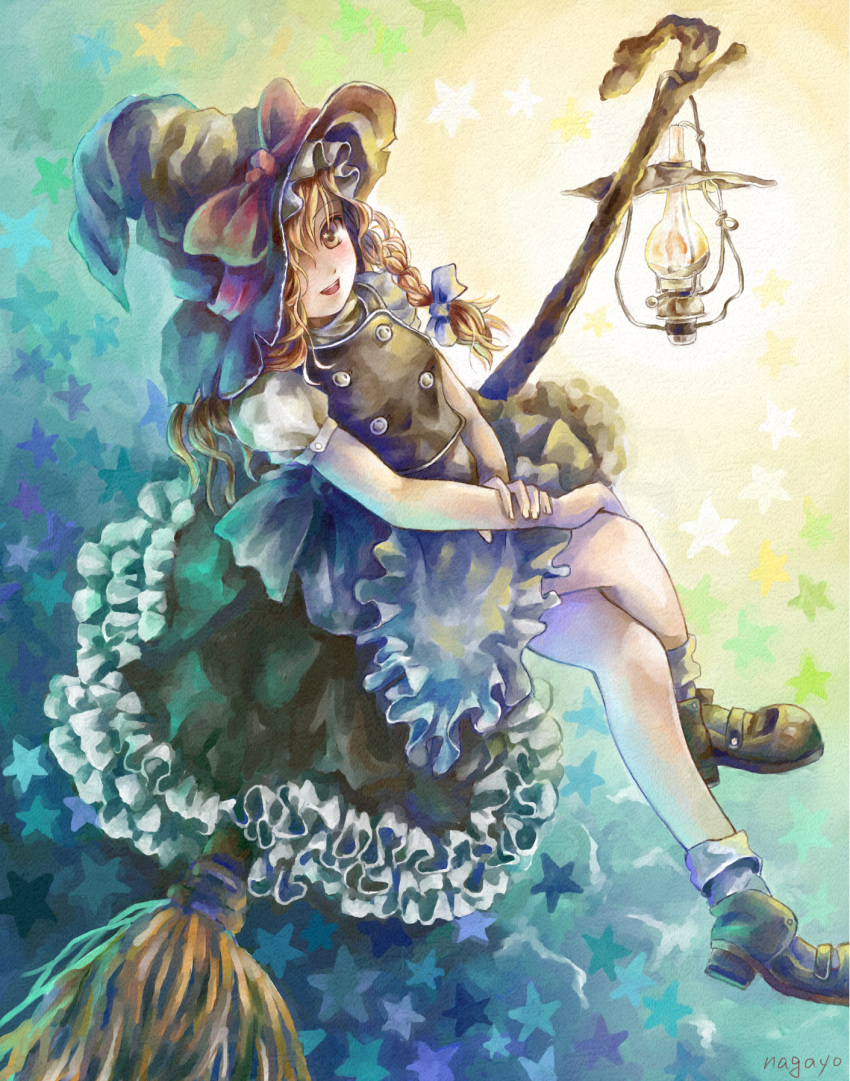 1girl ankle_boots ankle_socks apron arm_holding bare_legs blonde_hair boots braid broom broom_riding crossed_legs frilled_skirt frills gradient gradient_background hair_ribbon hat hat_over_one_eye highres kirisame_marisa lantern long_hair looking_at_viewer nagayo open_mouth puffy_short_sleeves puffy_sleeves revision ribbon short_sleeves single_braid skirt skirt_set solo star starry_background touhou tress_ribbon waist_apron witch_hat yellow_eyes