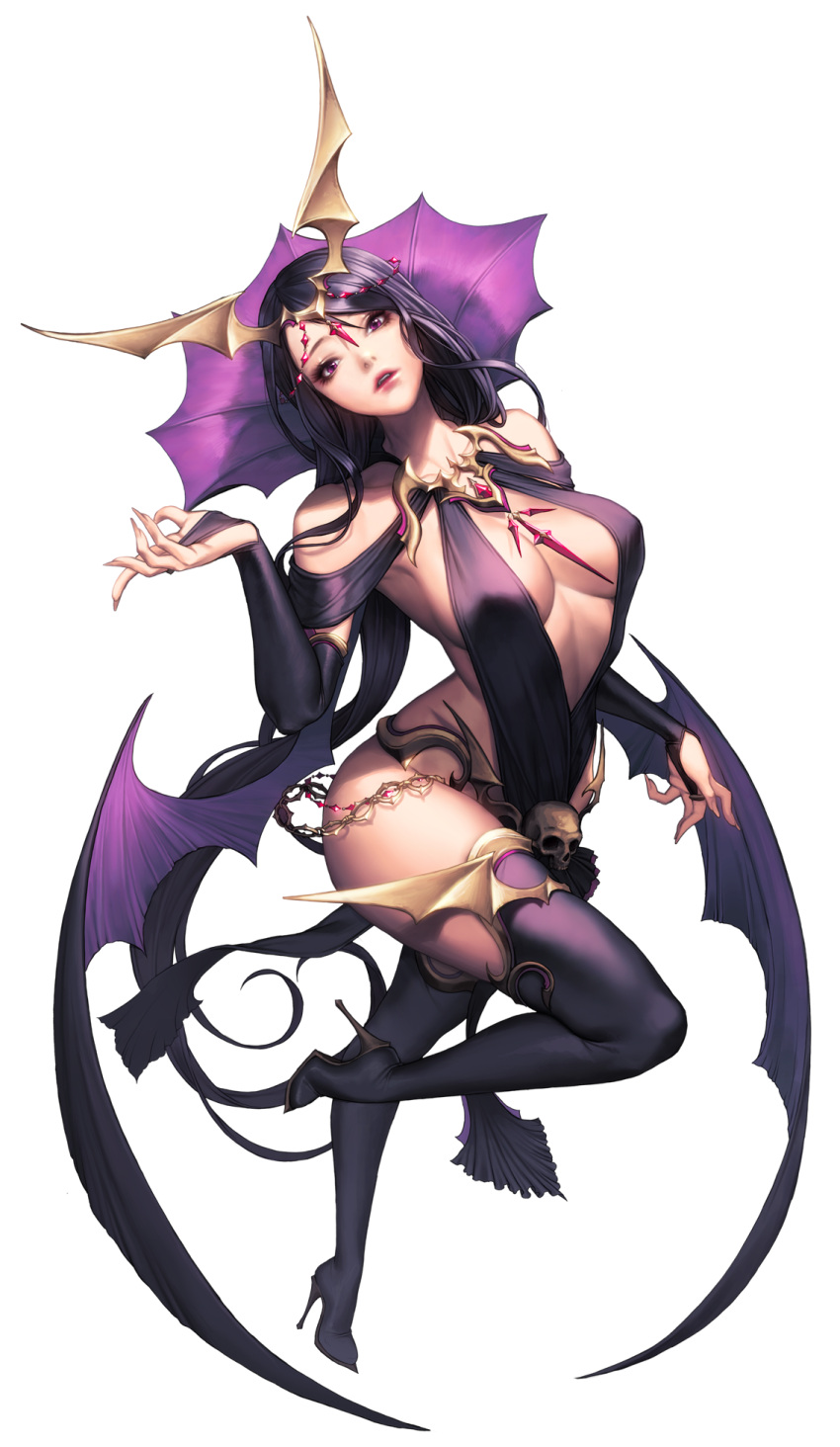 1girl alternate_costume bare_shoulders black_boots black_legwear boots breasts bridal_gauntlets chaos_heroes_online demon_wings full_body head_tilt high_heels highres long_hair looking_at_viewer love_cacao nivas official_art parted_lips purple_hair simple_background skull solo thigh-highs thigh_boots transparent_background very_long_hair violet_eyes wings