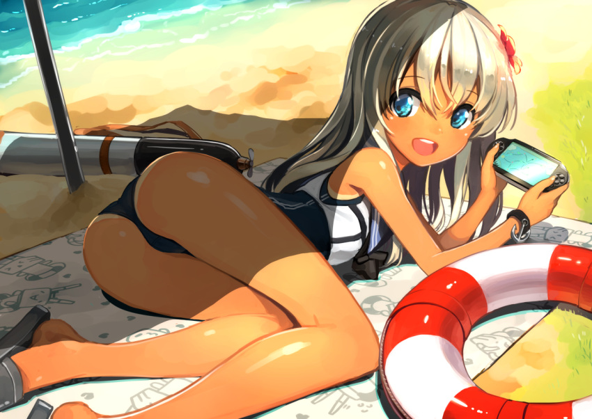 1girl :d ass beach blonde_hair blue_eyes crop_top flower hair_flower hair_ornament handheld_game_console kantai_collection lifebuoy long_hair moriki one-piece_swimsuit open_mouth orel_cruise playstation_vita rensouhou-chan ro-500_(kantai_collection) school_swimsuit school_uniform smile solo swimsuit tan torpedo