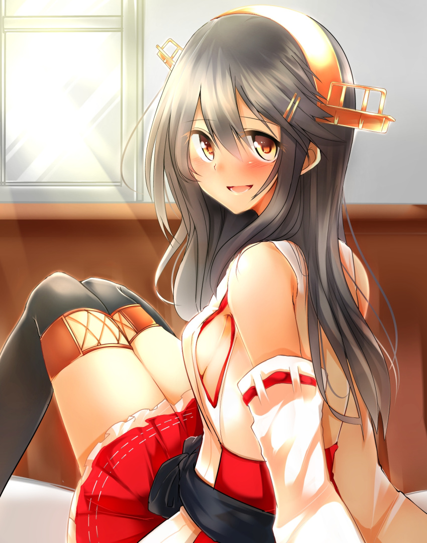 1girl arm_support bare_shoulders bed bed_sheet black_hair boots breasts brown_eyes detached_sleeves hair_between_eyes hair_ornament hairband hairclip haruna_(kantai_collection) highres indoors japanese_clothes kantai_collection long_hair looking_at_viewer miniskirt nontraditional_miko sideboob sitting skirt smile thigh-highs thigh_boots tsukui_kachou