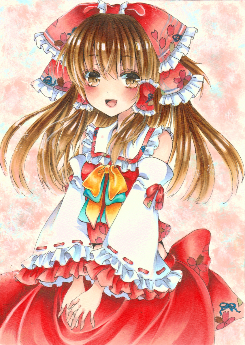 1girl absurdres blush bow brown_eyes brown_hair detached_sleeves floral_print frilled_sleeves frills gradient gradient_background hair_bow hair_tubes hakurei_reimu hands_in_lap hands_together highres hisui_(irastlove) long_hair looking_at_viewer marker_(medium) millipen_(medium) open_mouth ribbon ribbon-trimmed_sleeves ribbon_trim skirt skirt_set solo touhou traditional_media