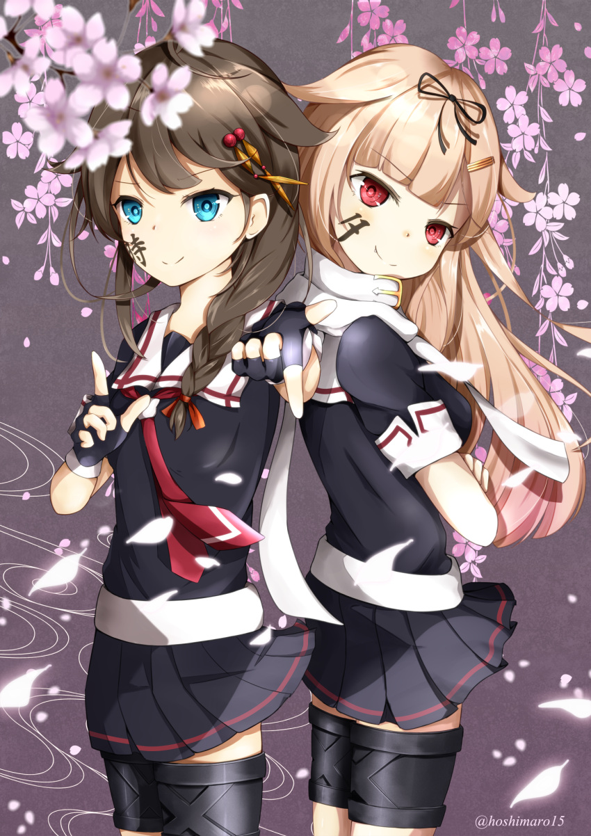 2girls ahoge back-to-back blonde_hair blue_eyes brown_hair commentary crossed_arms fang fingerless_gloves gloves hair_flaps hair_ornament hair_ribbon hairclip highres kantai_collection multiple_girls necktie pleated_skirt red_eyes remodel_(kantai_collection) ribbon scarf school_uniform serafuku shigure_(kantai_collection) skirt smile takumin_(takumi415) twitter_username white_scarf yuudachi_(kantai_collection)