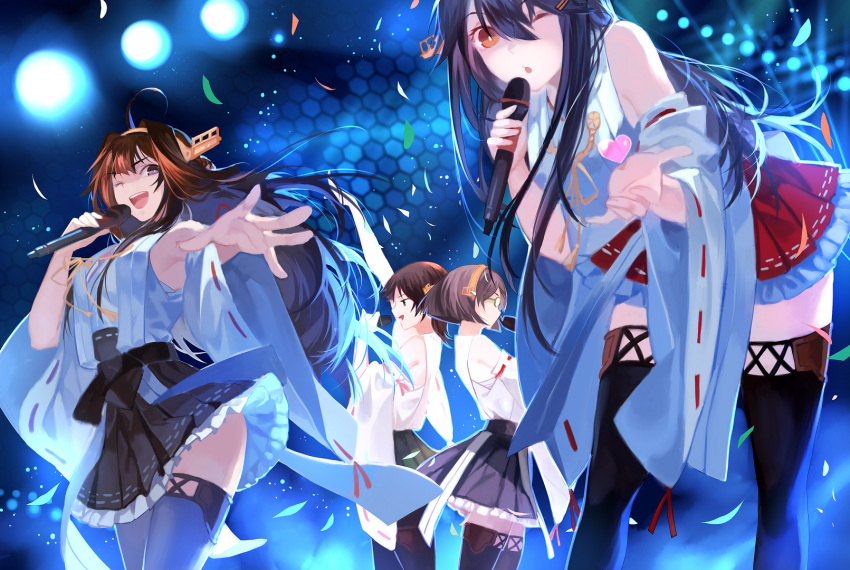 4girls bare_shoulders black_hair brown_eyes brown_hair detached_sleeves hairband haruna_(kantai_collection) hiei_(kantai_collection) highres honeycomb_background japanese_clothes joseph_lee kantai_collection kirishima_(kantai_collection) kongou_(kantai_collection) long_hair microphone multiple_girls no_legwear nontraditional_miko one_eye_closed open_mouth pantyhose plaid plaid_skirt revision ribbon-trimmed_sleeves ribbon_trim siblings sisters skirt smile thigh-highs