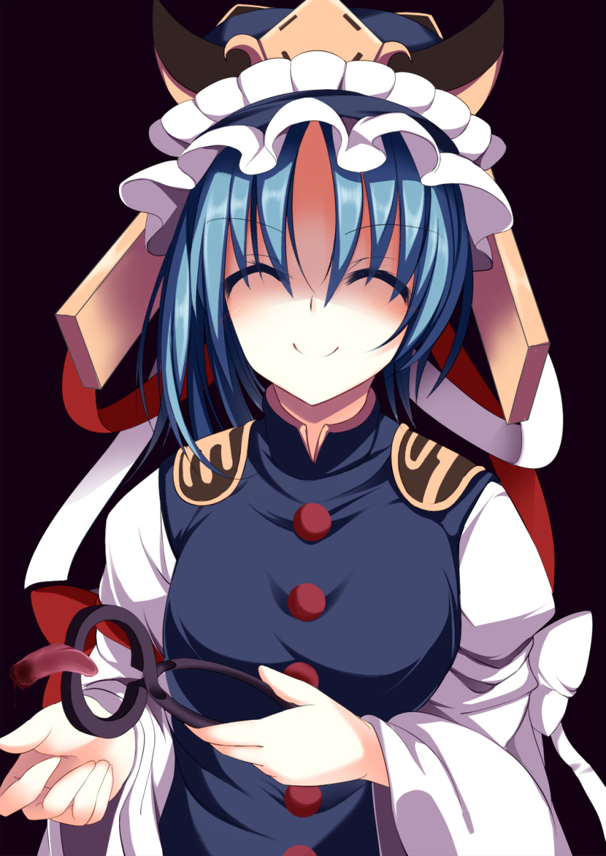 1girl ^_^ aqua_hair arm_up closed_eyes commentary_request hat hat_ribbon highres juliet_sleeves long_sleeves pincers puffy_sleeves ribbon shaded_face shiki_eiki shirt smile solo sukage touhou uniform vest wide_sleeves