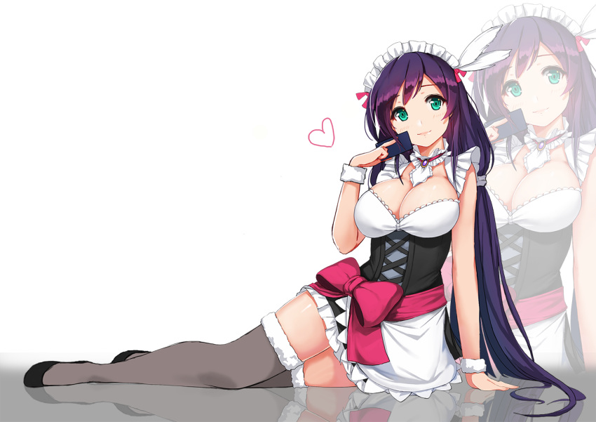 1girl apron blush box breasts cleavage corset deneb_(noble324) green_eyes grey_legwear heart long_hair looking_at_viewer love_live!_school_idol_project low_twintails lying maid_headdress mogyutto_"love"_de_sekkin_chuu! purple_hair reflective_floor smile solo thigh-highs toujou_nozomi twintails very_long_hair waist_apron zoom_layer