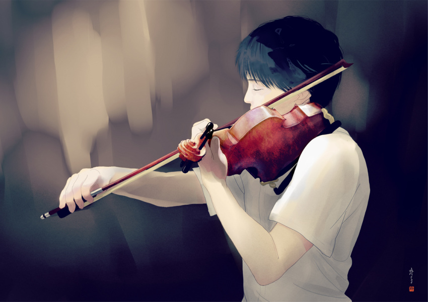 1boy black_hair blurry bow_(instrument) closed_eyes depth_of_field from_side instrument original playing_instrument re:i shirt signature solo standing upper_body violin white_shirt