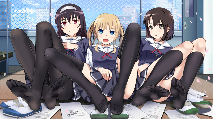 3girls black_hair blonde_hair blue_eyes brown_eyes brown_hair chain-link_fence edogawakid feet girl_sandwich highres kasumigaoka_utaha katou_megumi long_hair multiple_girls pantyhose papers petals red_eyes revision saenai_heroine_no_sodatekata sandwiched sawamura_spencer_eriri school_uniform shoes shoes_removed short_hair thigh-highs twintails uwabaki