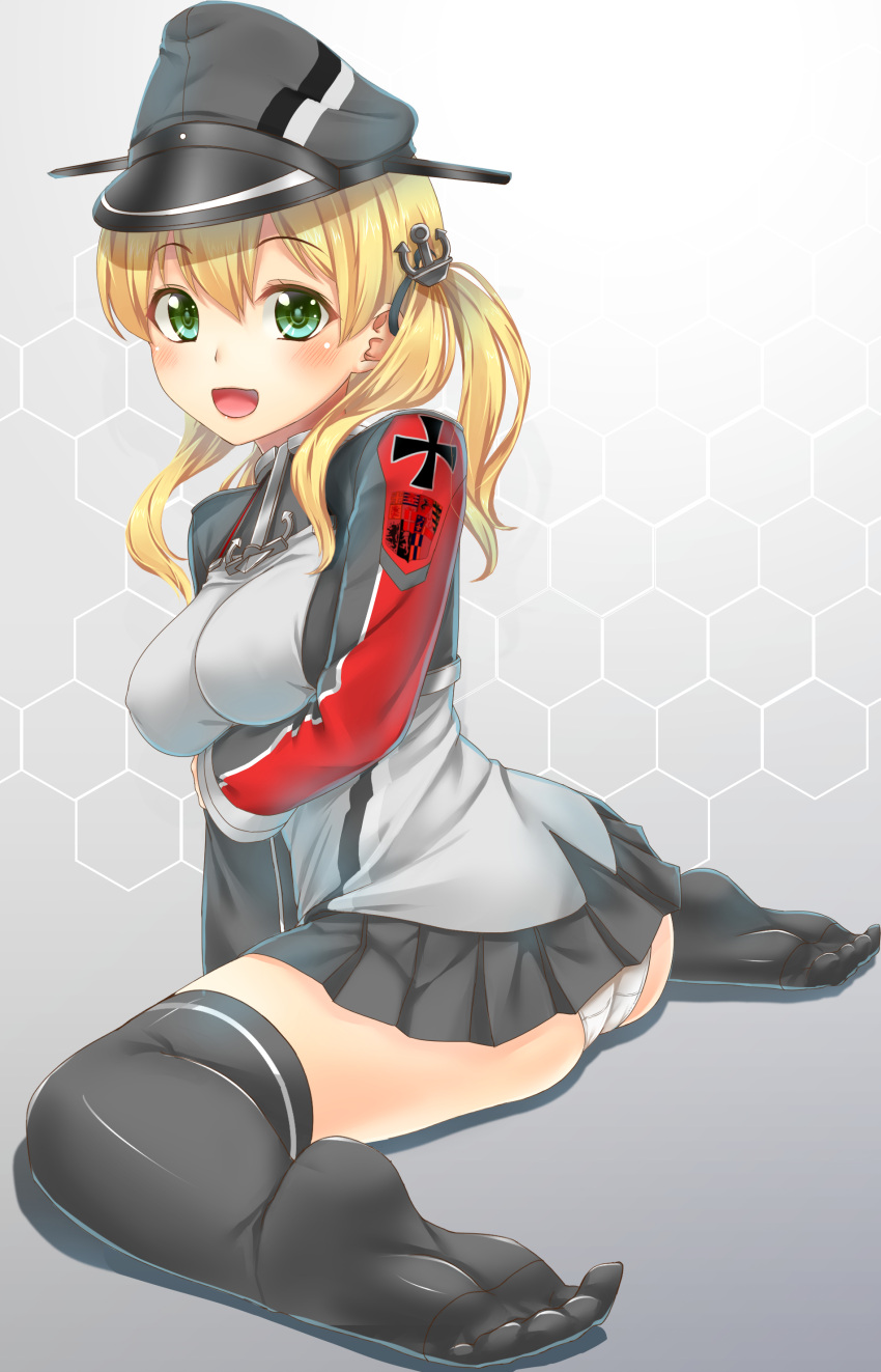 1girl absurdres anchor_hair_ornament ass black_legwear blush breasts ecou green_eyes hair_ornament hat highres iron_cross jacket kantai_collection large_breasts long_sleeves looking_at_viewer open_mouth over-kneehighs panties pantyshot pantyshot_(sitting) prinz_eugen_(kantai_collection) revision sailor_hat sitting skirt smile solo thigh-highs twintails underwear wariza white_panties