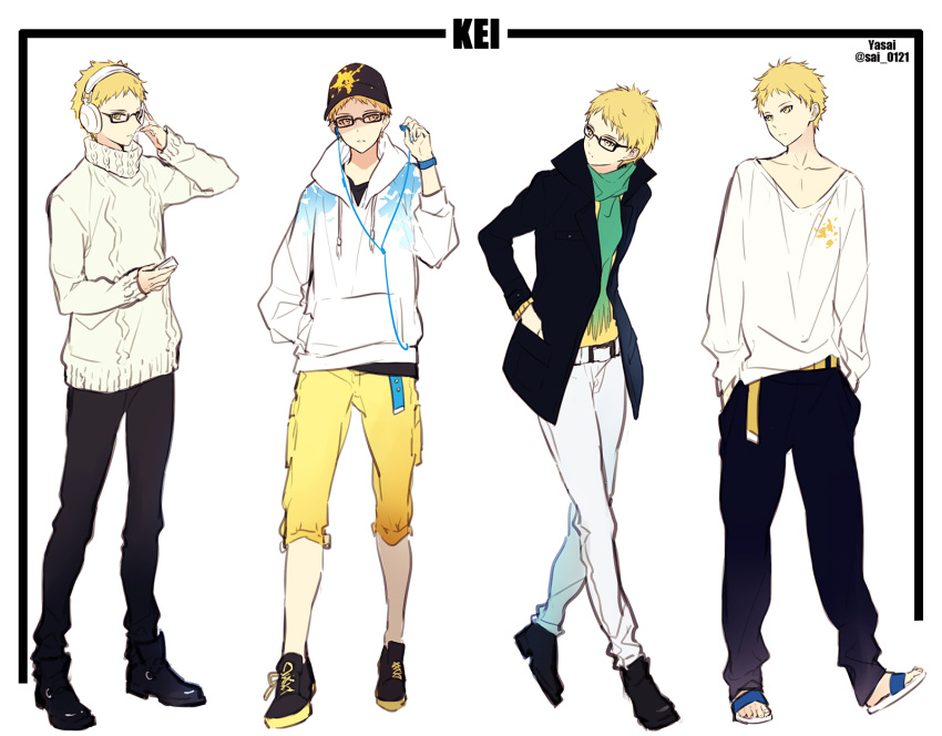 amber_eyes blonde_hair full_body glasses haikyuu!! hands_in_pockets hat headphones highres hood_down hooded_jacket jacket looking_to_the_side multiple_persona open_clothes open_jacket pants short_hair standing tsukishima_kei white_background yasai_(getsu)