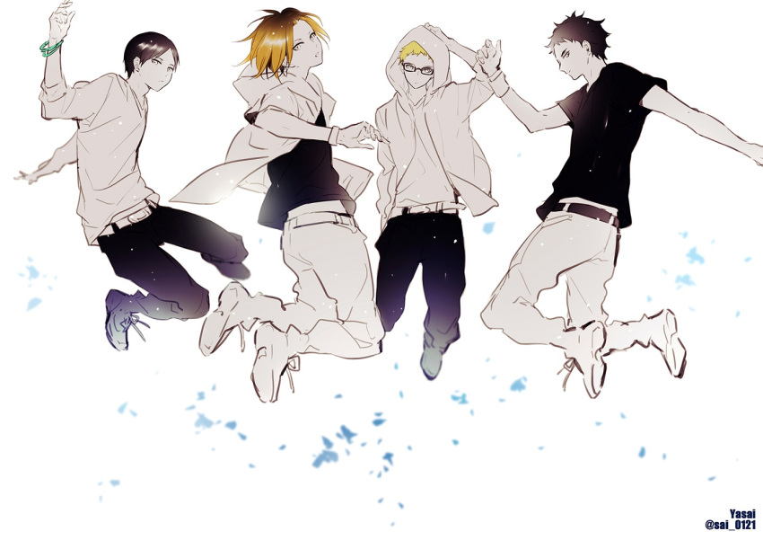 4boys akaashi_keiji amber_eyes black_hair blonde_hair bracelet full_body glasses grey_eyes haikyuu!! hood_down hoodie jewelry kozume_kenma kunimi_akira multiple_boys pants short_hair tsukishima_kei yasai_(getsu)