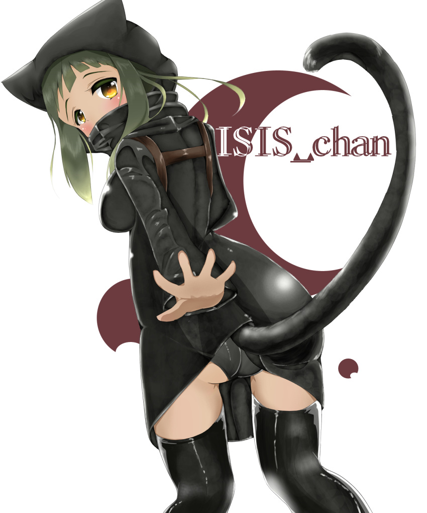 1girl artist_request ass back bangs blush cat_tail character_name green_hair highres isis-chan original panties payot solo tail underwear yellow_eyes