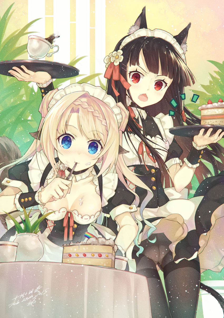 2girls animal_ears black_hair black_legwear blonde_hair blue_eyes blush braid breasts cake chestnut_mouth cup dated fangs flower food food_on_face frilled_choker frills gradient_hair green_hair hair_flower hair_ornament hairclip highres jugatsu_junichi long_hair looking_at_viewer maid maid_headdress moe2015 multicolored_hair multiple_girls number open_mouth original panties panties_under_pantyhose pantyhose plant puffy_sleeves red_eyes revision ribbon-trimmed_clothes ribbon_trim short_sleeves signature skirt tail teacup thigh_gap thighband_pantyhose tray twintails underwear wrist_cuffs