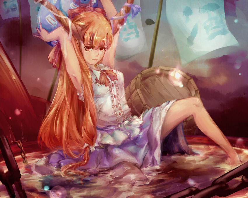 1girl alcohol arms_up barrel blonde_hair bow brown_eyes brown_hair chain chong_(wjzcy6688) gourd hair_bow holding horn_ribbon horns ibuki_suika light_particles long_hair low-tied_long_hair oni partially_submerged purple_skirt revision ribbon sake sitting skirt sleeveless solo torn_clothes torn_sleeves touhou very_long_hair
