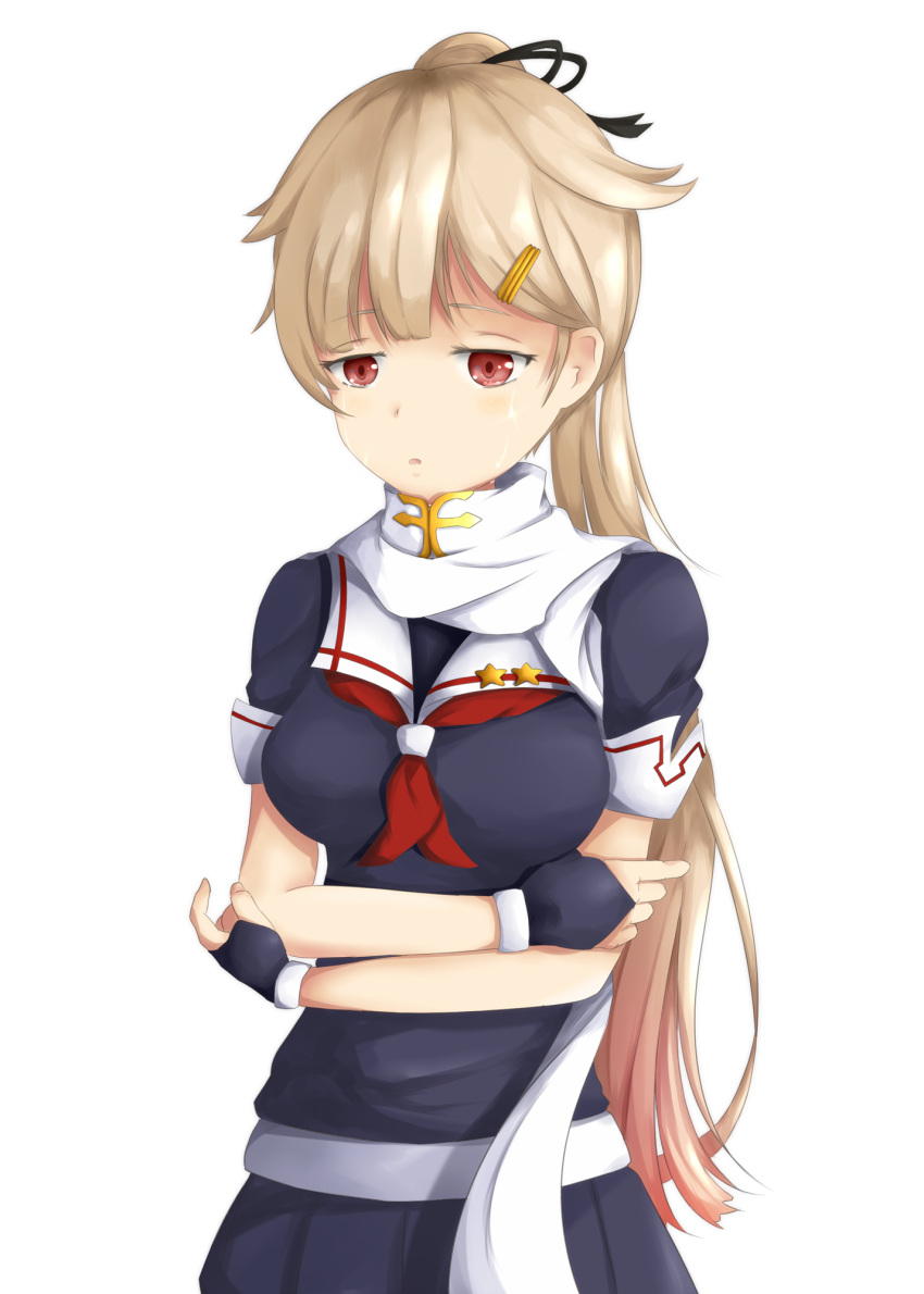 1girl alternate_hairstyle blonde_hair commentary crossed_arms crying crying_with_eyes_open fingerless_gloves gloves gradient_hair hair_flaps hair_ornament hair_ribbon hairclip highres kantai_collection multicolored_hair neckerchief pleated_skirt ponytail red_eyes remodel_(kantai_collection) ribbon scarf school_uniform serafuku skirt solo takumin_(takumi415) tears white_scarf yuudachi_(kantai_collection)