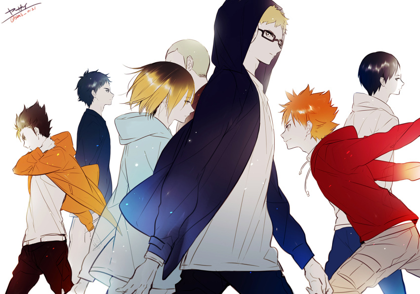 6+boys akaashi_keiji amber_eyes black_hair blonde_hair blue_hair grey_eyes haikyuu!! highres hinata_shouyou hood_down hoodie jacket kozume_kenma kunimi_akira multiple_boys nishinoya_yuu open_clothes open_jacket orange_eyes orange_hair short_hair smile tanaka_ryuunosuke tsukishima_kei yasai_(getsu)