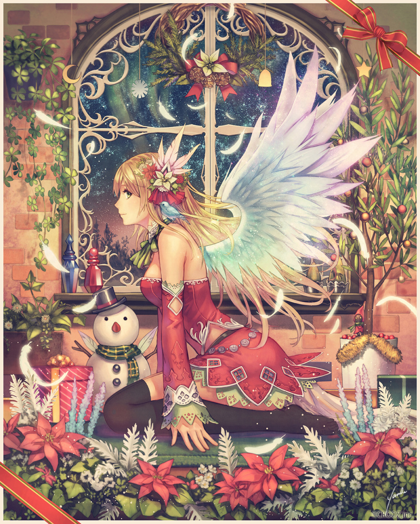1girl anbe_yoshirou bare_shoulders black_legwear blonde_hair box christmas crescent detached_sleeves feathered_wings feathers flower from_side gift gift_box hair_flower hair_ornament highres indoors light_smile long_hair looking_at_viewer night original profile ribbon scarf seiza shinma_x_keishou!_ragnabreak sitting skirt sky snowman solo star_(sky) starry_sky thigh-highs tree window wings