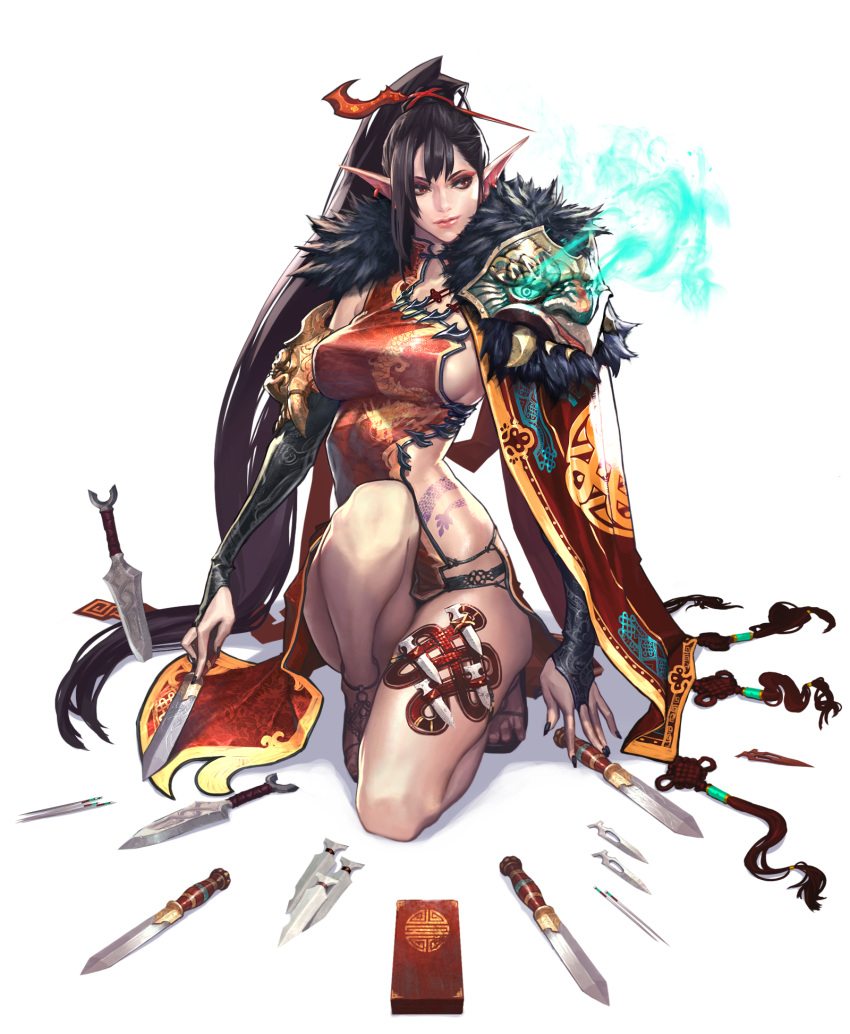 alpha_transparency artist_request black_nails bridal_gauntlets brown_hair chaos_heroes_online dagger earrings high_ponytail highres jewelry light_persona long_hair nail_polish official_art pointy_ears red_eyes reiden sandals simple_background solo transparent_background very_long_hair weapon