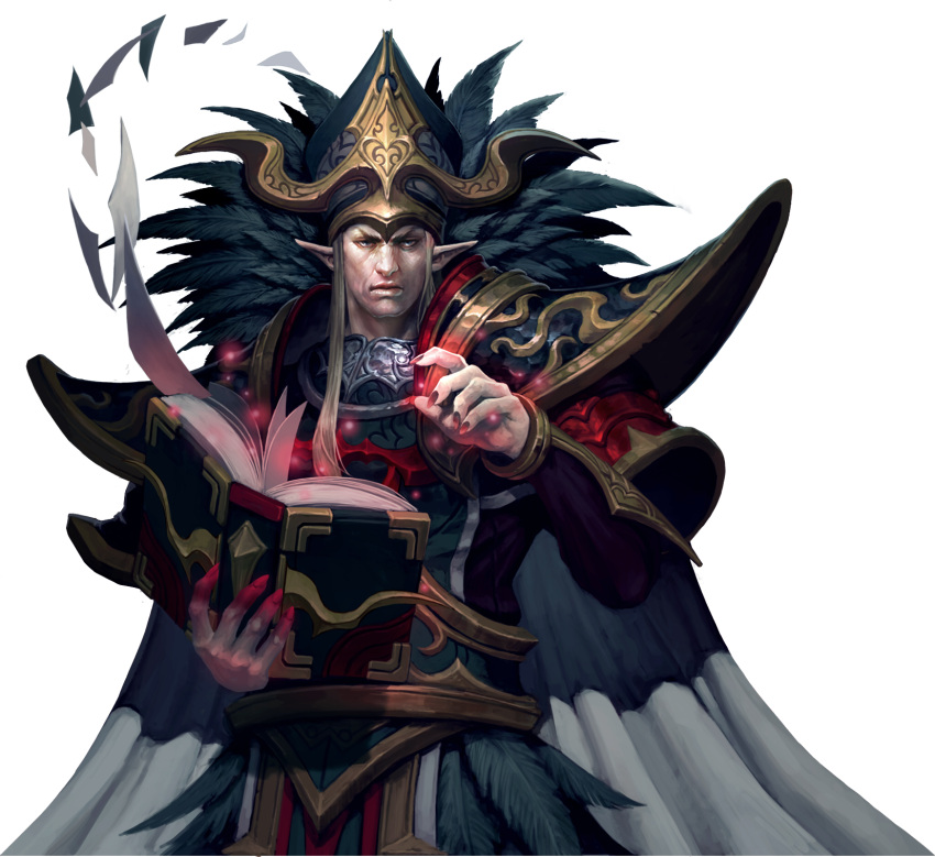 1boy artist_request book cape chaos_heroes_online dark_persona eldin feathers fingernails hat highres long_fingernails looking_at_viewer male_focus official_art pointy_ears simple_background solo transparent_background