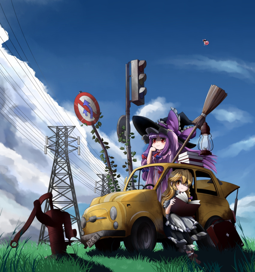 3girls apron black_dress blonde_hair blue_sky book book_stack bow braid broom car clouds coat dress fiat_500 flying_sweatdrops gohei grass hair_bow hakurei_reimu hat hat_bow headwear_switch highres kirisame_marisa lantern motor_vehicle multiple_girls open_clothes open_coat overgrown patchouli_knowledge power_lines purple_dress purple_hair reading red_dress red_eyes road_sign ryouryou sign single_braid sitting sky striped striped_dress touhou traffic_light vehicle waist_apron witch_hat