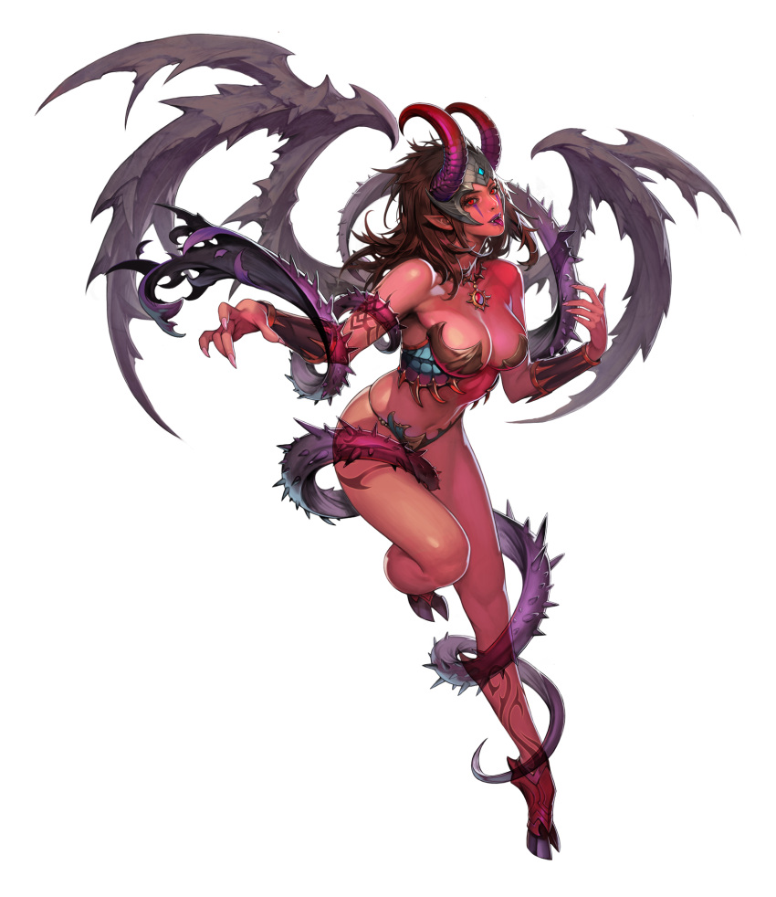 1girl akasha_(chaos_online) artist_request breasts brown_hair chaos_heroes_online demon_girl fangs fingernails full_body highres hooves horns long_fingernails long_hair official_art purple_lips red_eyes red_skin simple_background solo tail tongue tongue_out transparent_background wings