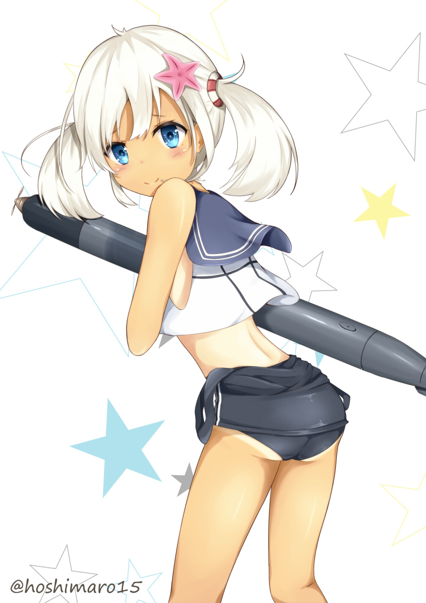 1girl alternate_hairstyle blue_eyes commentary_request flat_chest hair_ornament highres kantai_collection looking_at_viewer ro-500_(kantai_collection) sailor_collar school_swimsuit silver_hair smile solo starfish swimsuit takumin_(takumi415) tan tanline torpedo twintails twitter_username white_hair