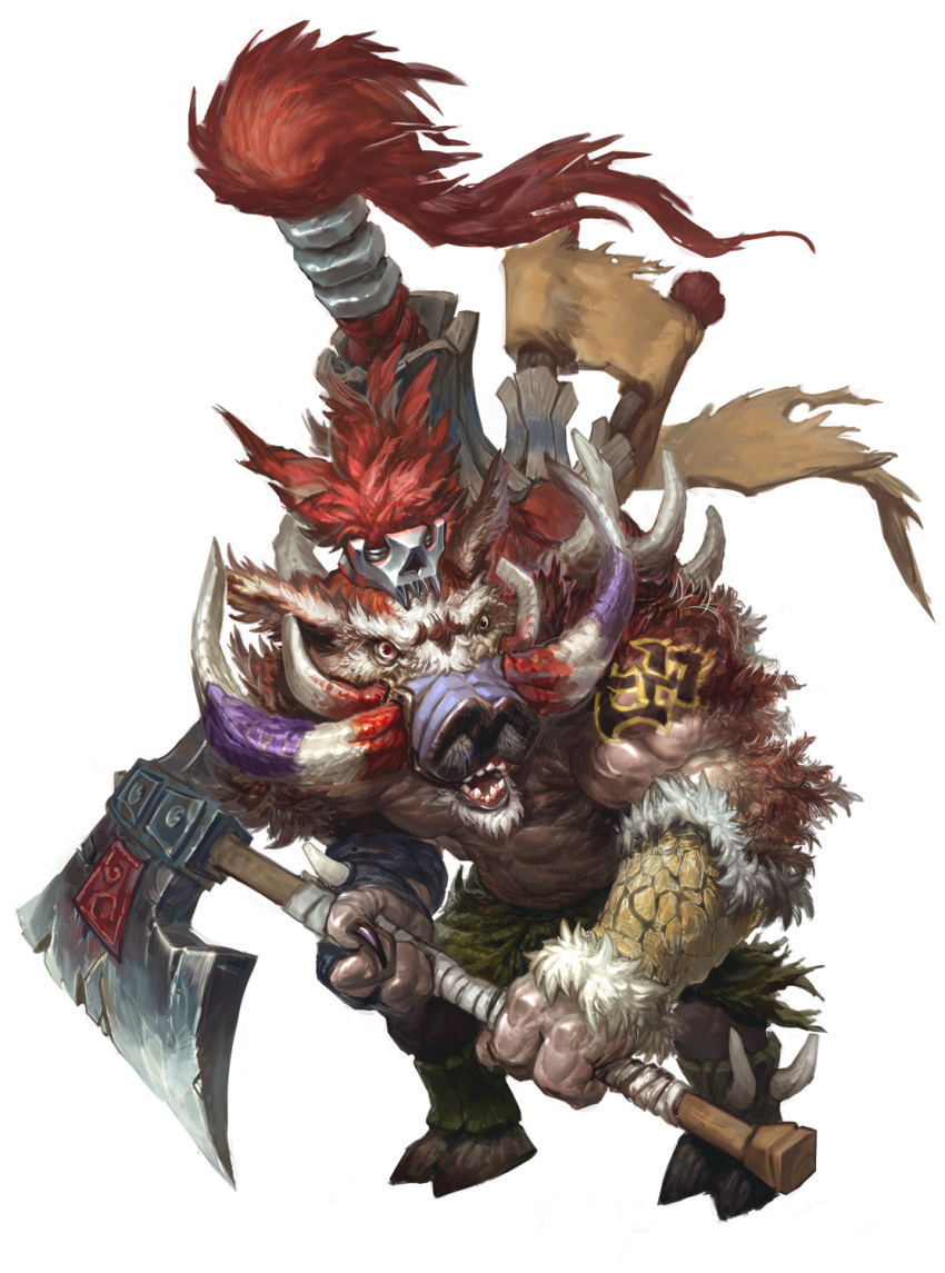 artist_request battle_axe chaos_heroes_online full_body highres muscle official_art open_mouth red_eyes redhead simple_background solo standing transparent_background tubalkein tusks warthog