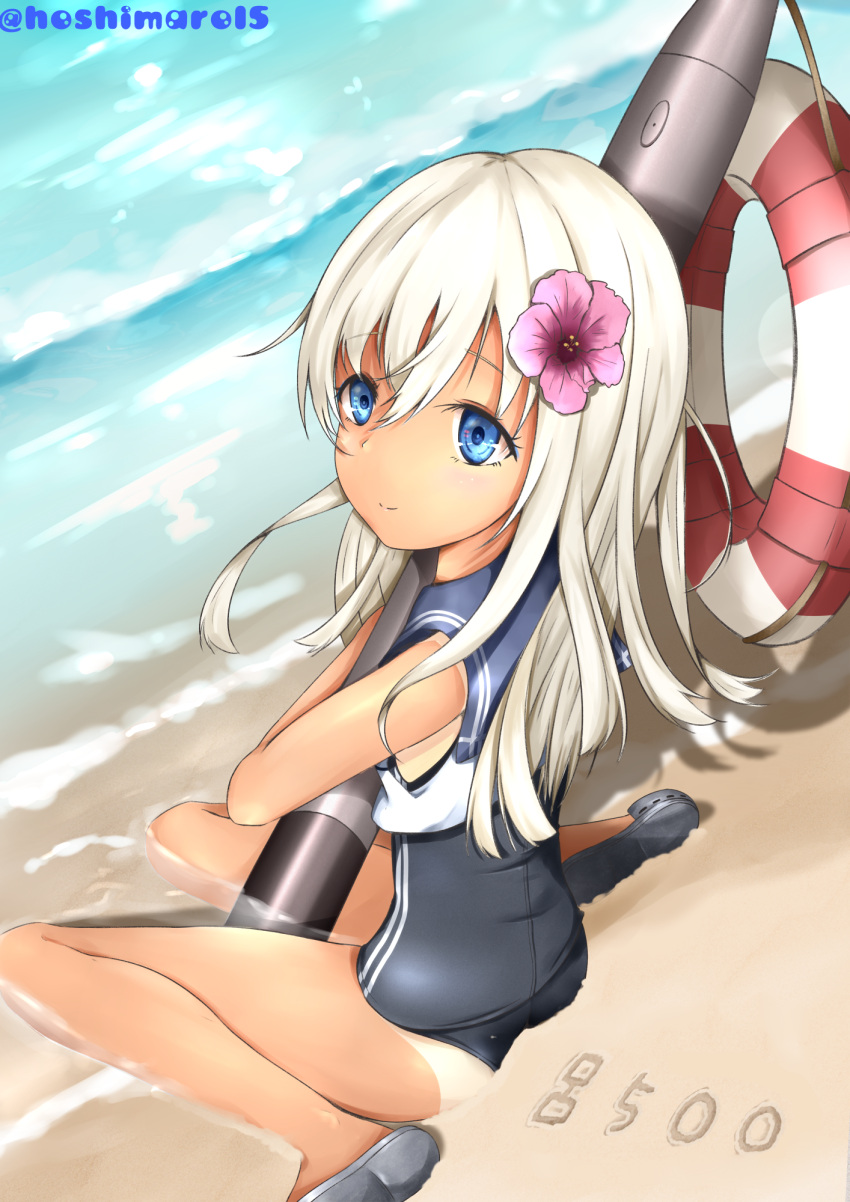 1girl bare_legs beach blue_eyes character_name commentary_request flower hair_flower hair_ornament highres kantai_collection lifebuoy long_hair ro-500_(kantai_collection) sailor_collar school_swimsuit silver_hair smile solo swimsuit swimsuit_under_clothes takumin_(takumi415) tan tanline torpedo twitter_username
