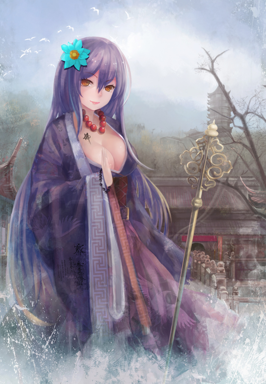 1girl absurdres alternate_costume bird breasts building cleavage flower hair_flower hair_ornament highres hijiri_byakuren japanese_clothes jewelry large_breasts light_smile long_hair long_sleeves magician_(china) necklace polearm purple_hair revision solo tattoo touhou tower very_long_hair weapon wide_sleeves yellow_eyes