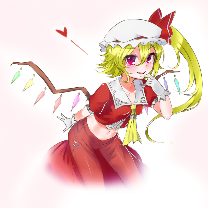 1girl ascot blonde_hair blush bow breasts doyouwantto flandre_scarlet gloves hat heart highres looking_at_viewer midriff navel open_mouth red_eyes short_hair side_ponytail smile solo touhou white_gloves wings