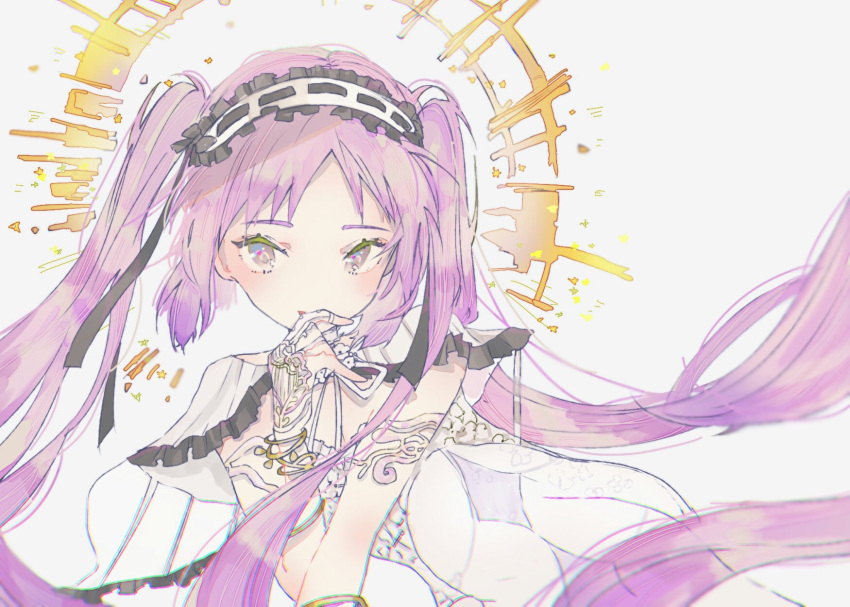 1girl black_ribbon blush commentary_request dress fate/grand_order fate/hollow_ataraxia fate_(series) frills hairband halo hand_to_own_mouth highres lolita_hairband long_hair looking_at_viewer no_nose number open_mouth purple_hair ribbon solo stheno twintails upper_body violet_eyes white_background white_dress wsk_64