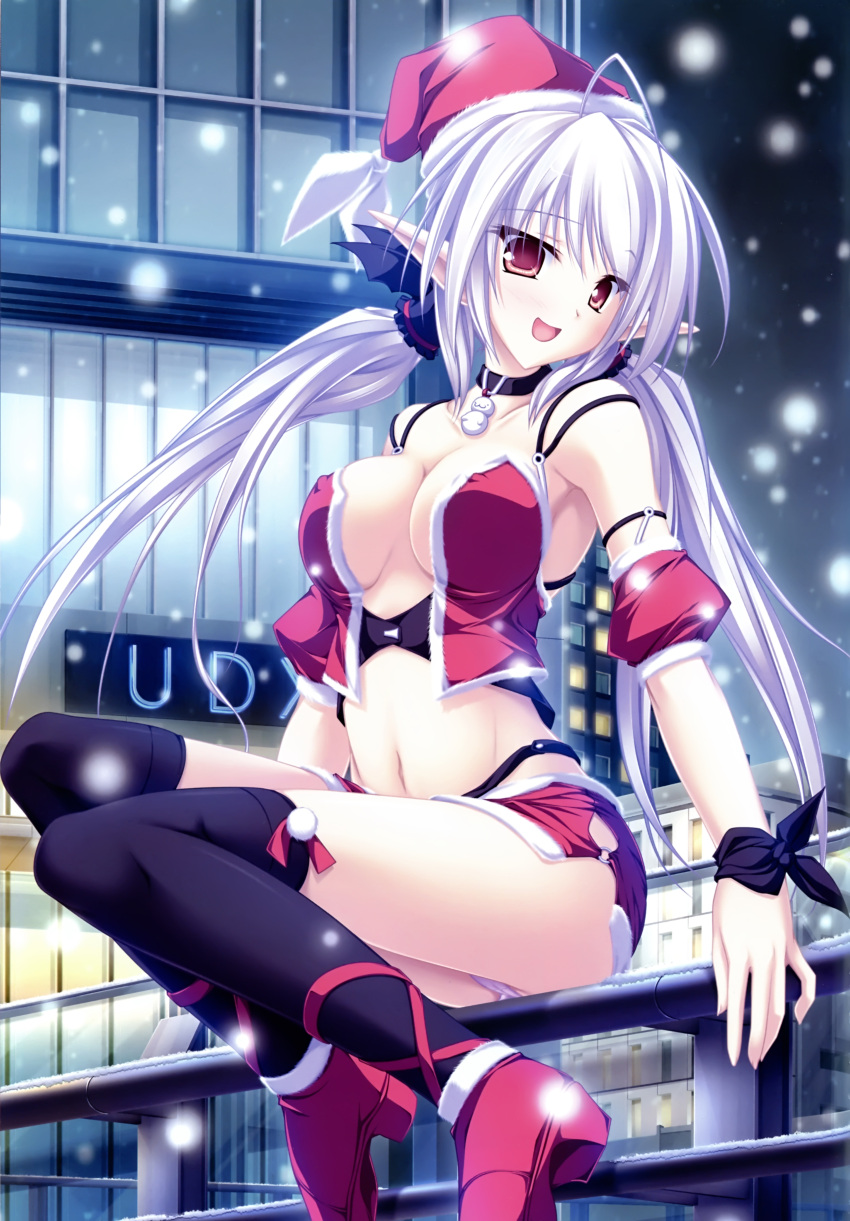 1girl absurdres ahoge choker happy hat highres long_hair no_bra panties pointy_ears purple_hair red_eyes sitting skirt snow solo tenmaso thigh-highs twintails underwear