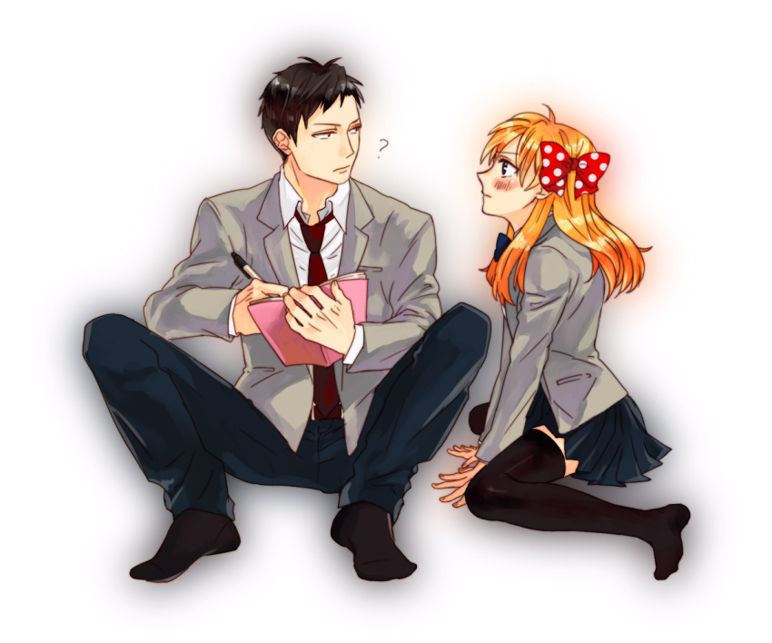 1boy 1girl ? black_eyes black_hair black_legwear blazer blush bow gekkan_shoujo_nozaki-kun hair_bow looking_at_another necktie notebook nozaki_umetarou orange_hair pen sakura_chiyo school_uniform sitting thigh-highs utk-utk violet_eyes wariza