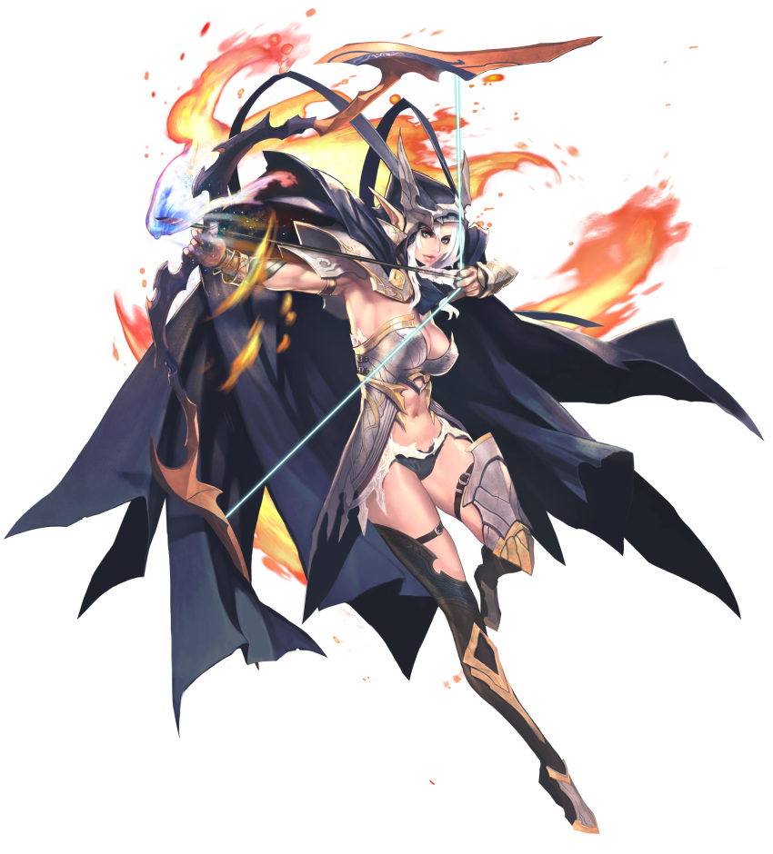 1girl alpha_transparency aqua_eyes arrow artist_request belt bow_(weapon) breasts chaos_heroes_online cloak darae fire full_body highres lips navel official_art pointy_ears simple_background solo thigh-highs transparent_background weapon