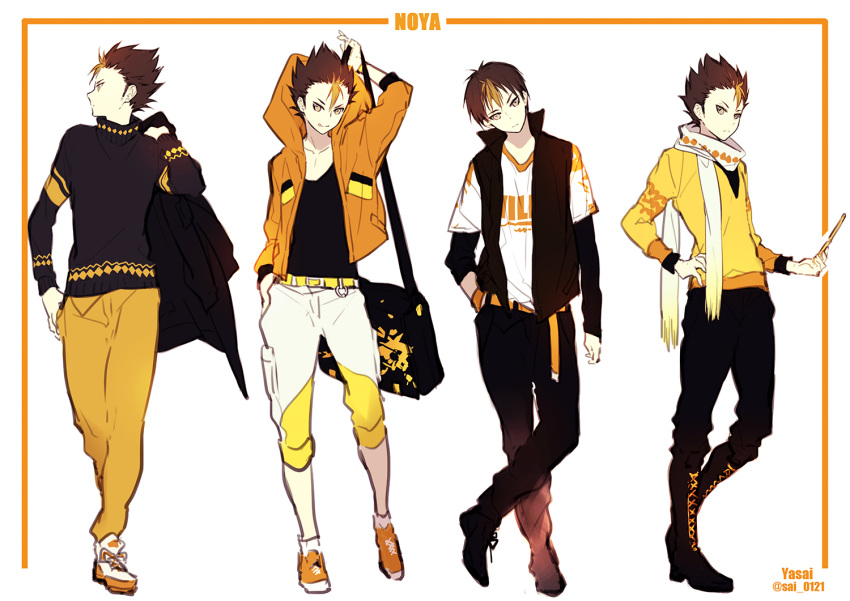 :p black_hair brown_eyes cellphone full_body haikyuu!! hand_on_hip hood_down hooded_jacket jacket jacket_over_shoulder multiple_persona necktie nishinoya_yuu open_clothes open_jacket pants phone scarf short_hair smile standing tongue tongue_out white_background yasai_(getsu)