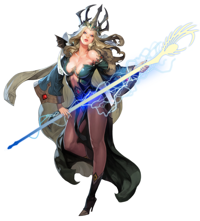 1girl artist_request black_legwear blonde_hair blue_eyes boots breasts chaos_heroes_online full_body high_heels highres irea lips long_hair looking_at_viewer official_art open_mouth pantyhose simple_background solo staff transparent_background