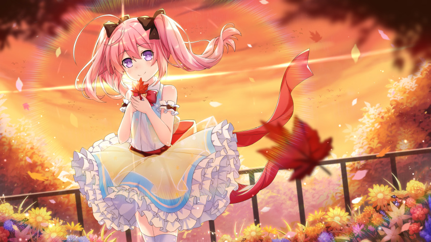 1girl ahoge alternate_costume arm_garter autumn_leaves azur_lane backlighting bangs binato_lulu black_ribbon closed_mouth commentary dress english_commentary evening eyebrows_visible_through_hair falling_leaves falling_petals flower frilled_dress frills hair_between_eyes hair_ribbon highres leaf looking_at_viewer maple_leaf medium_hair neck_ribbon outdoors pink_hair railing red_ribbon ribbon saratoga_(azur_lane) sleeveless smile solo sunset twintails violet_eyes